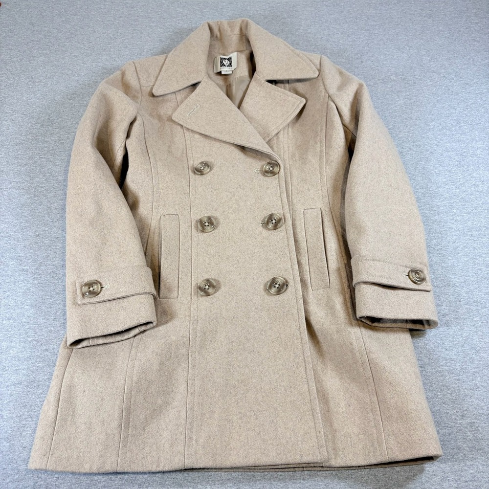 Anne Klein Pea Coat Womens Small Beige Wool Blend Double Breasted Lined Classic